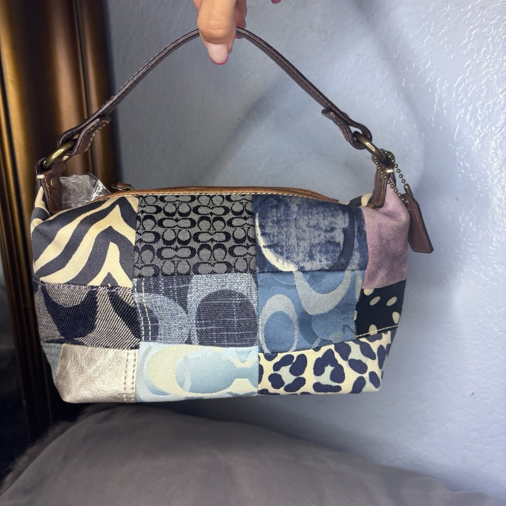 Vtg Coach Patchwork Denim Blue Brown Multicolor Shoulder Bag Leather Handle